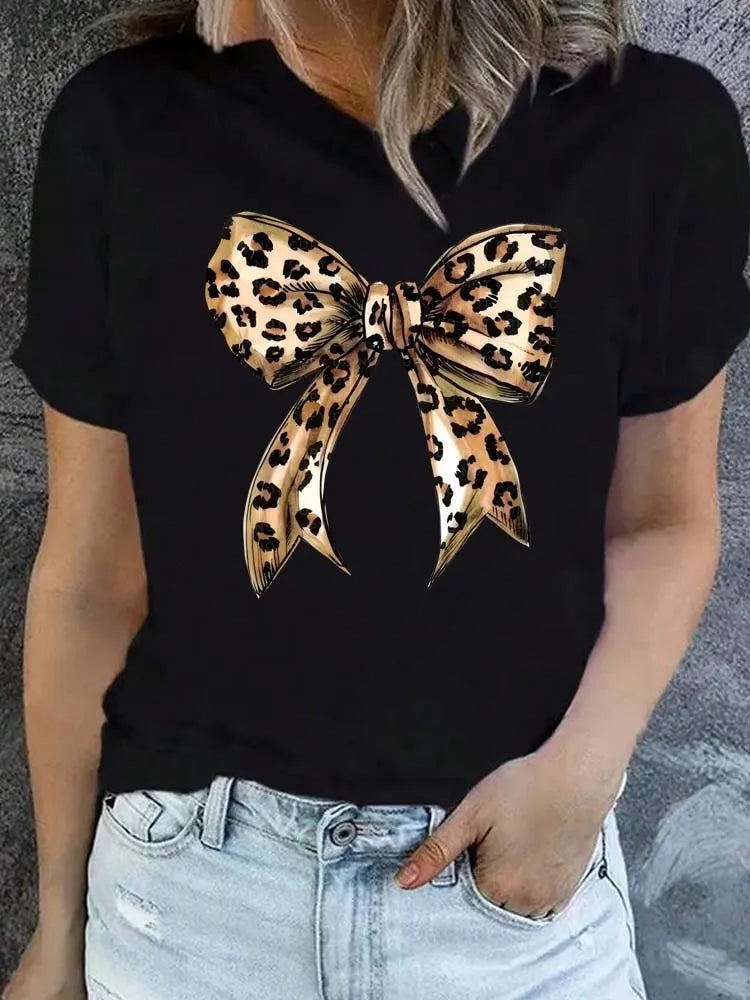 Summer New 90s Leopard Print Bow Short Sleeve Print Clothing Women's T-Shirt Harajuku Graphic Clothing Women's Top Tee
