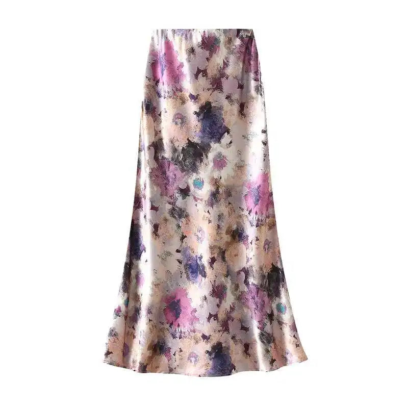 New In Women Spring Summer Floral Print Satin Long Skirts 2026 Trendy High Waist Elegant Faldas
