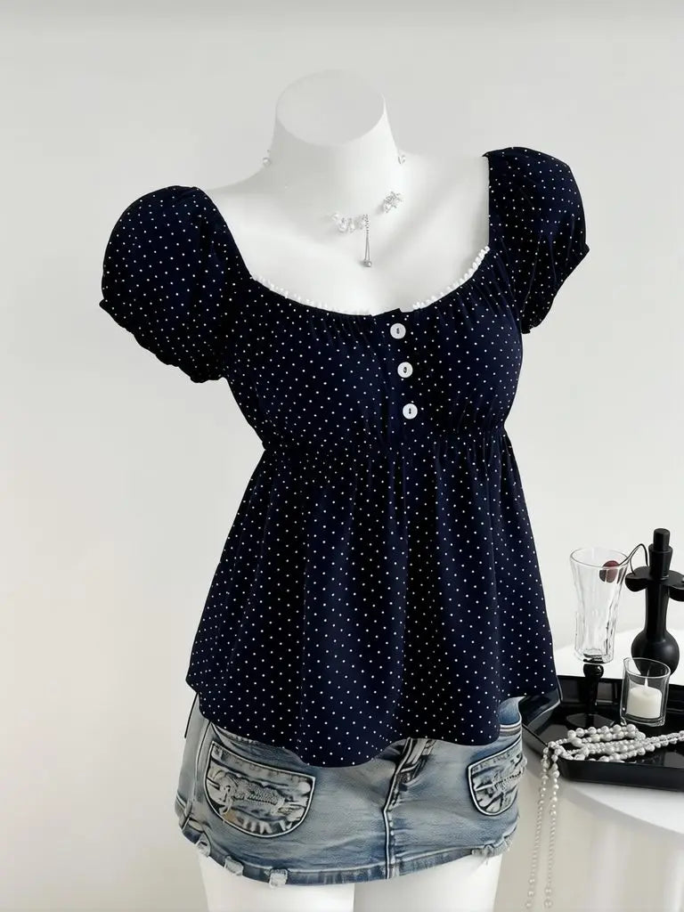 Polka Dot Babydoll Top Women Summer Sweet Korean Puff Short Sleeve Chiffon Blouse Square Neck Summer Vintage Youthful T-shirt