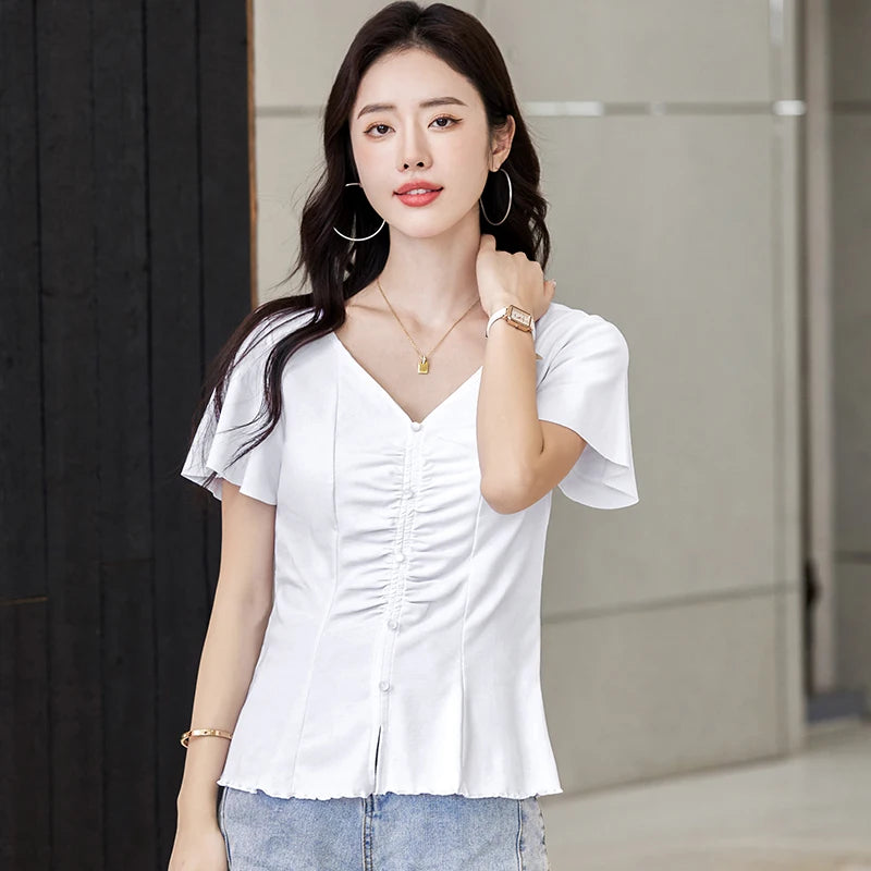Women's Pure Color Cotton V-neck Short Sleeve T-Shirt Soft Casual Fit Comfortable Everyday Wear Solid Color Tee