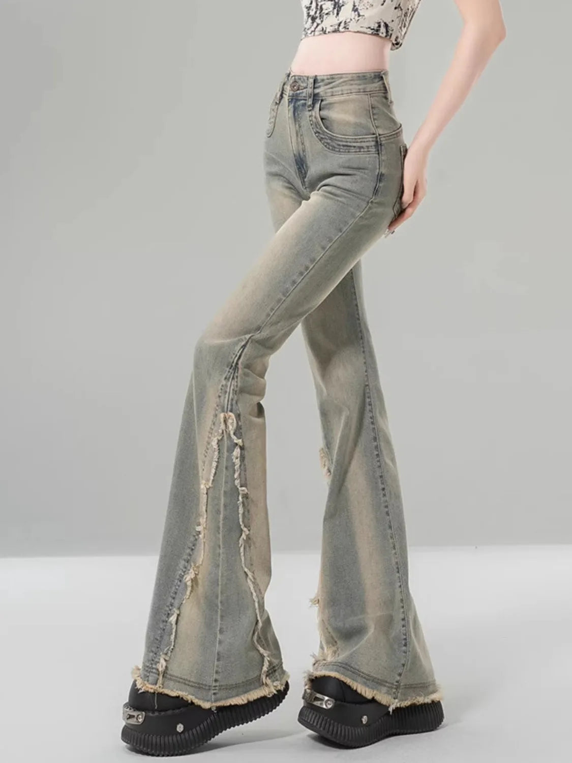 Women's High Waist Bootcut Jeans Vintage Wash Side Slit Fringe Flared Denim Distressed Raw Hem Y2K Streetwear